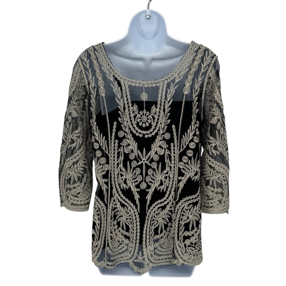 Ultra Pink Tops - Ultra Pink Black and Cream Gold Sheer Embroidered 3/4 Sleeve Tank Blouse Large